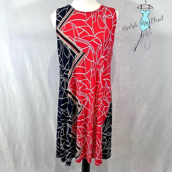 MSK orange navy and tan abstract print keyhole back shift dress size medium - Picture 1 of 5